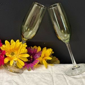 Set of 2 Retro Cobalt Green Greenbrier Champagne Flute Glasses With Clear Steam